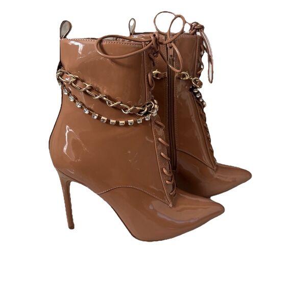 Aldo Women’s Patent Leather Tan Brown Lace Up stiletto Bootie Chain Gold Size 8 - Picture 3 of 8